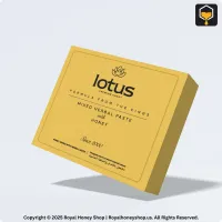 3D visualization of Lotus Premium Honey box with herbal enhancement text