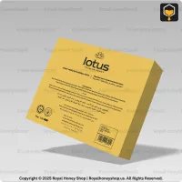 Rendered packaging of Lotus Premium Honey with golden accents