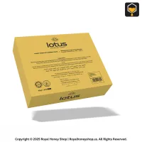 Elegant 3D product render of Lotus Premium Honey box design