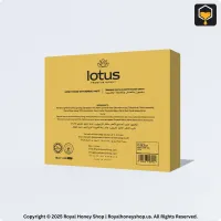 Rendered packaging of Lotus Premium Honey with golden accents