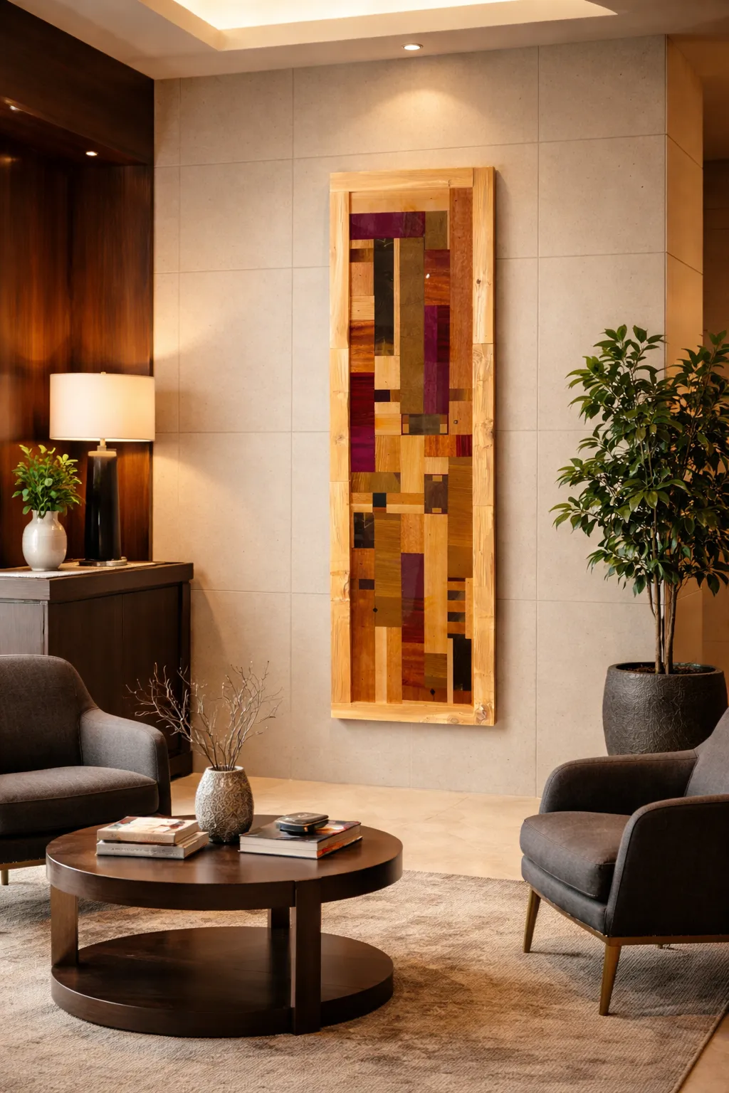 Minimalist sculpture artwork with clean lines and neutral tones. Textured surfaces with dramatic lighting. No human shapes.