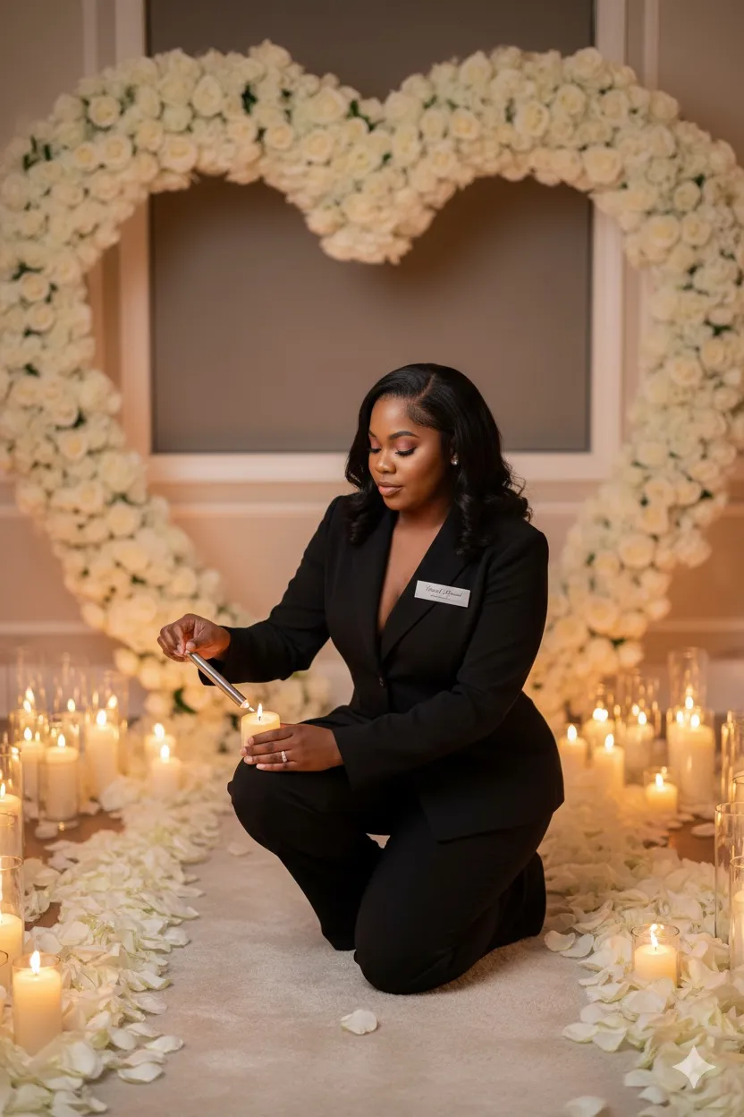 Luxury proposal setup with heart-shaped flower arch, neon sign, multiple decorations, and champagne. No human shapes.