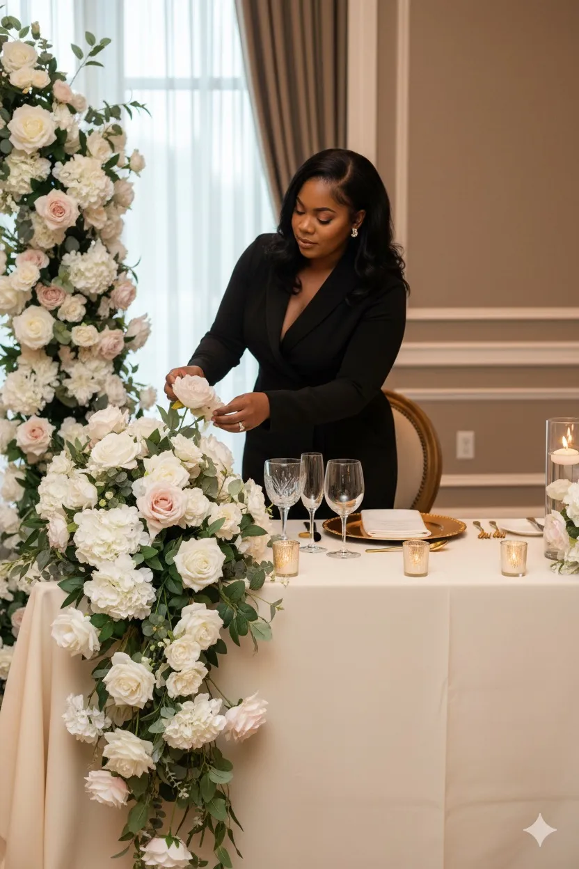 Beautifully decorated sweetheart table with floral arrangements, candles, and elegant place settings. No human shapes.