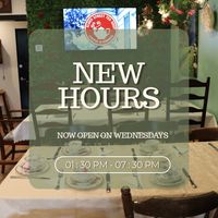 An image of the interior of the shop that reads New Hours, Now Open on Wednesdays from 1:30pm - 7:30pm.