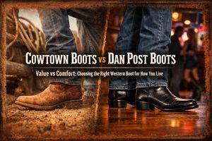 Cowtown Boots vs Dan Post Boots comparison showing rugged work boot and polished western boot side by side