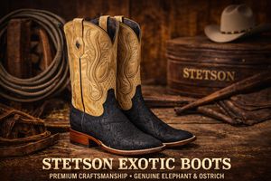 “Stetson men’s exotic cowboy boots featuring elephant leather foot and embroidered Western shaft”