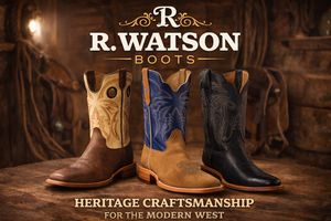 hree R. Watson western cowboy boots including cafe boar leather, blue roughout square toe, and black cowhide boots displayed in rustic western barn setting.