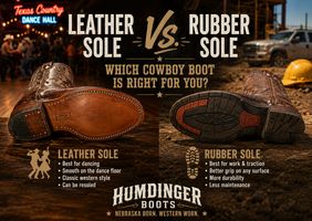 Leather sole vs. rubber sole cowboy boots comparing traditional western boots for dancing and rubber sole boots for work and everyday wear.