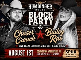Chaser Crouch and Bailey Rae featured on the Humdinger Boots Block Party poster for a live Texas Country and Red Dirt Radio event in downtown Valentine, Nebraska on August 1st.