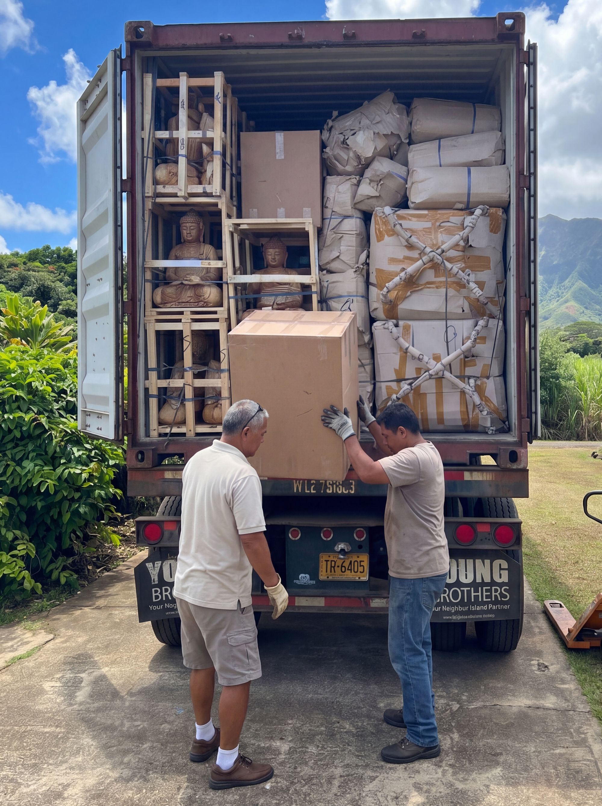 Shipping container being unloaded at an island property with crated furniture and packaged goods