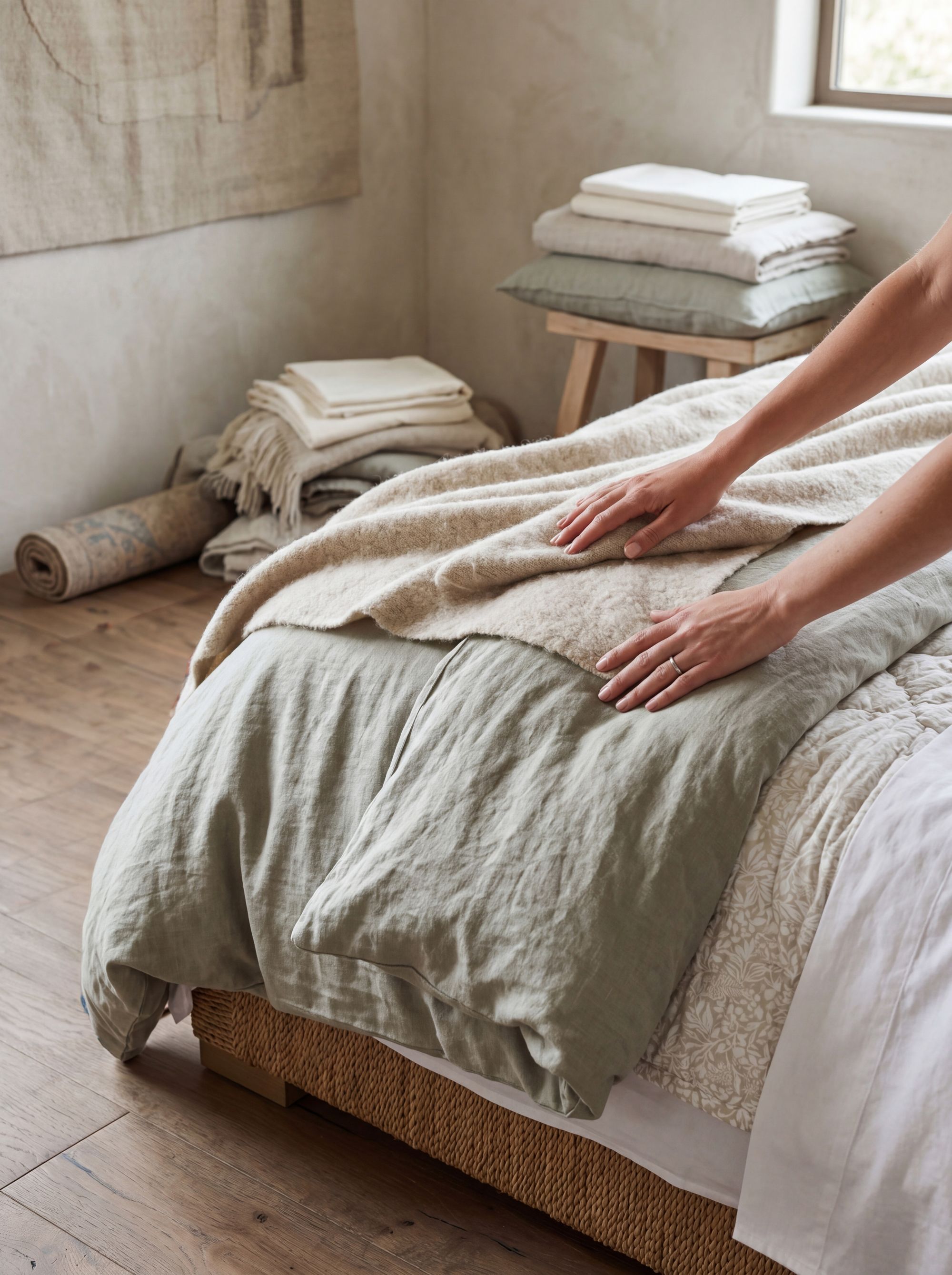 Hands smoothing layered linens on a styled bed during install day, with throws and a rolled area rug nearby