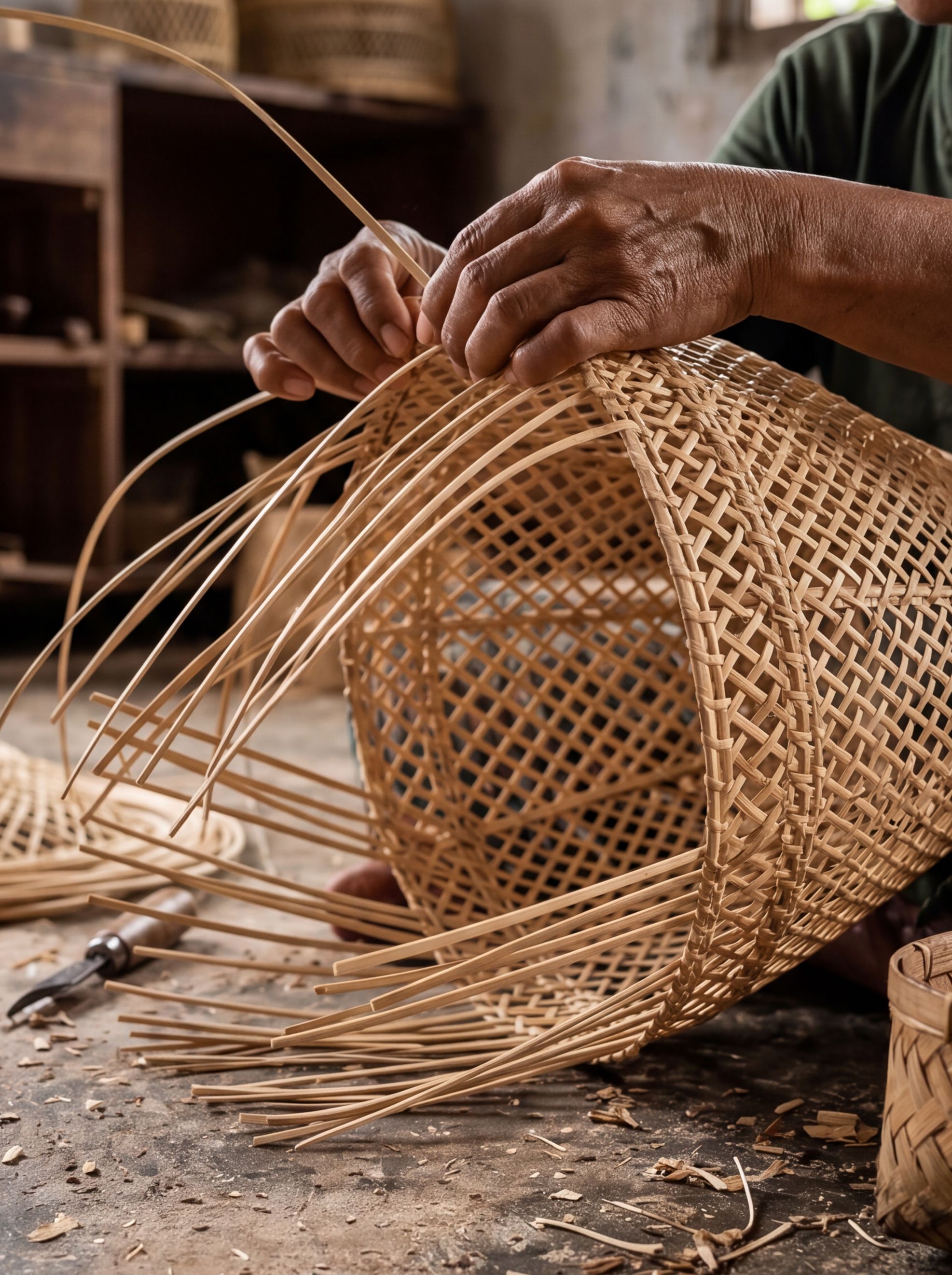 Indonesian artisan hand-weaving a rattan lantern in her workshop