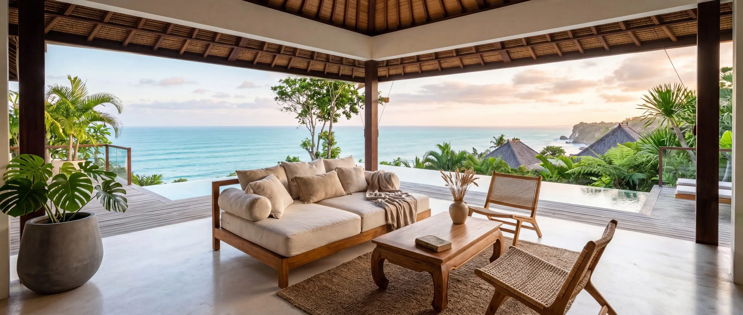 Styled lanai with ocean view, layered linens, teak and rattan furniture