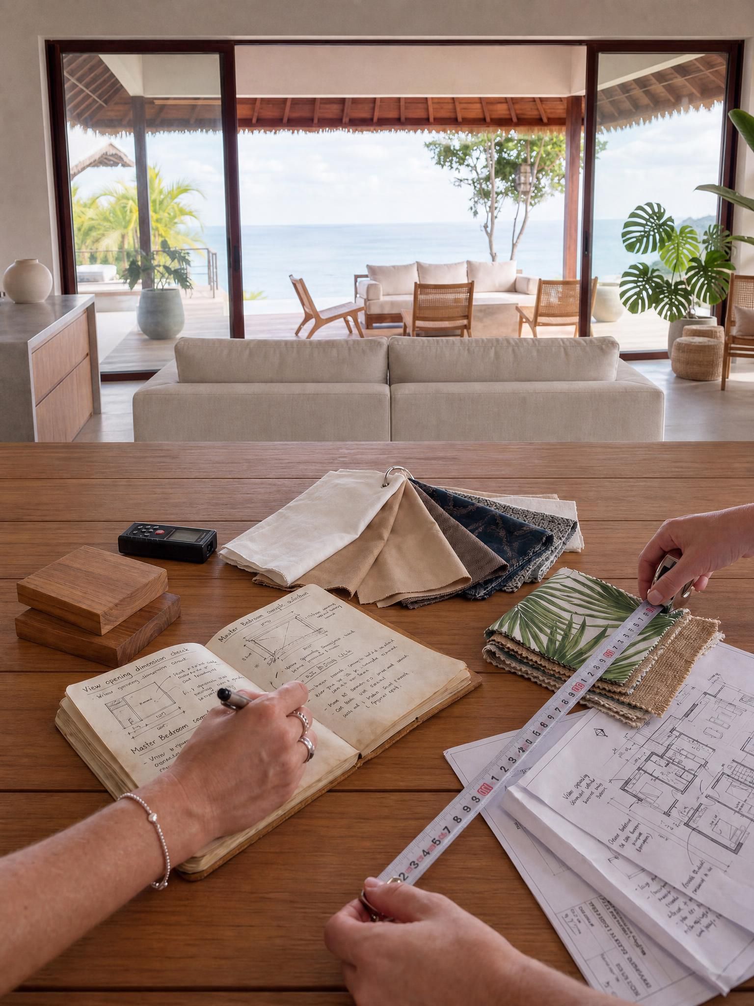 Designer on a property walk-through with measuring tape, fabric samples on a teak counter, and an open notebook