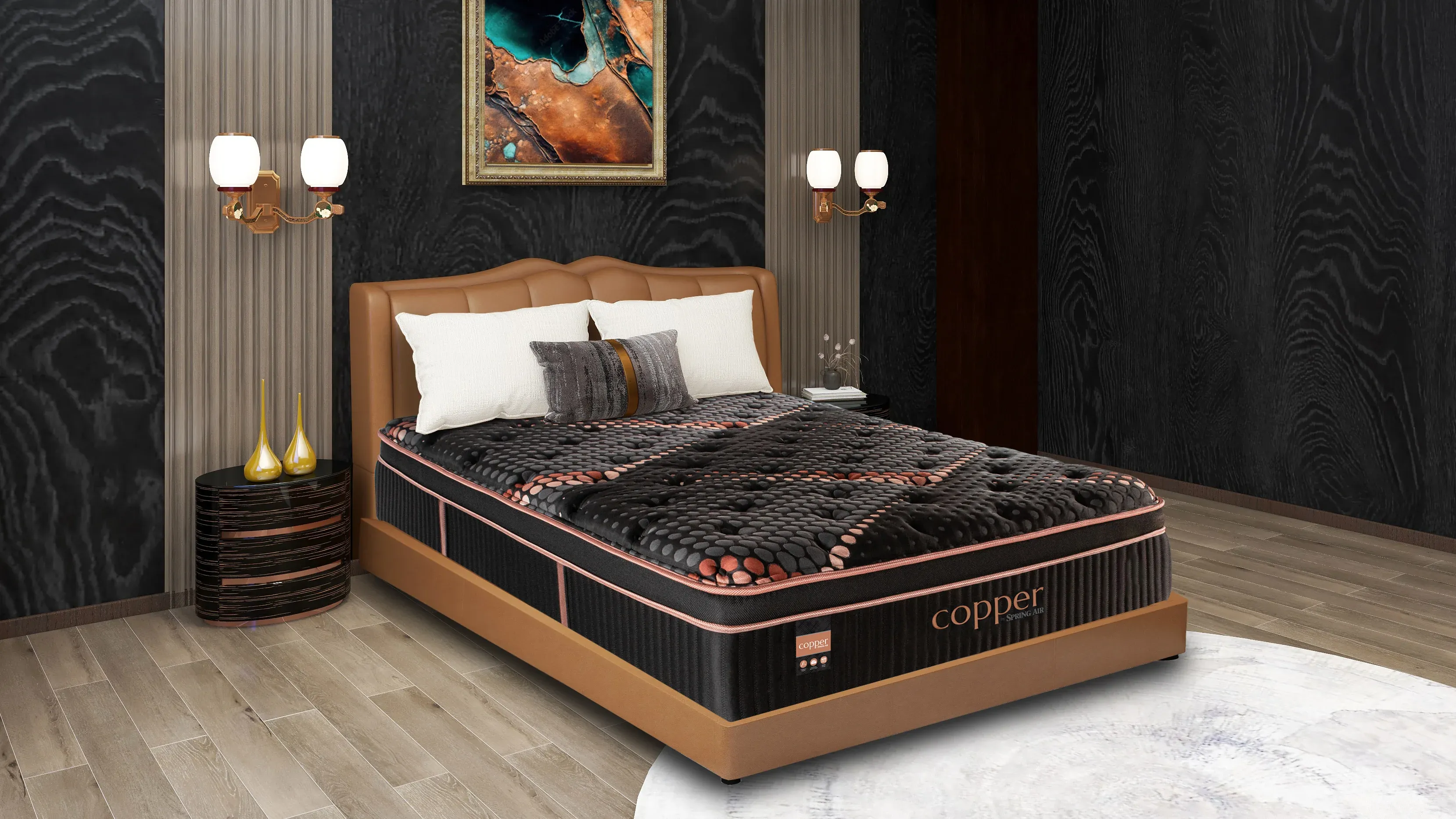Cozy bedroom scene with copper-infused bedding in warm terracotta color. Features comfortable pillows and bedding showcasing NatuVerex fabric technology. Do not generate human shapes.