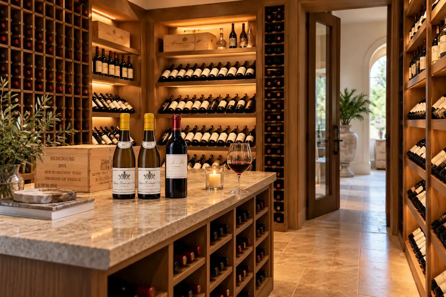 Private wine cellar with an organized wine collection and a wooden Burgundy wine case