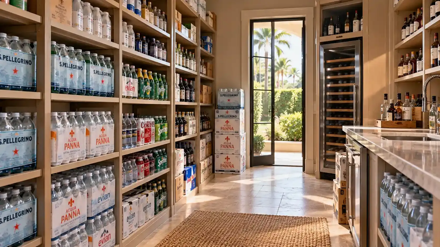 Organized luxury estate beverage pantry stocked with wine, spirits, and refreshments