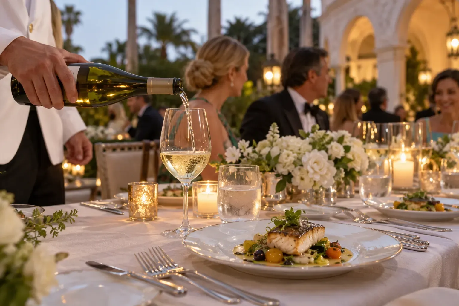 Wine service at an elegant dinner reception