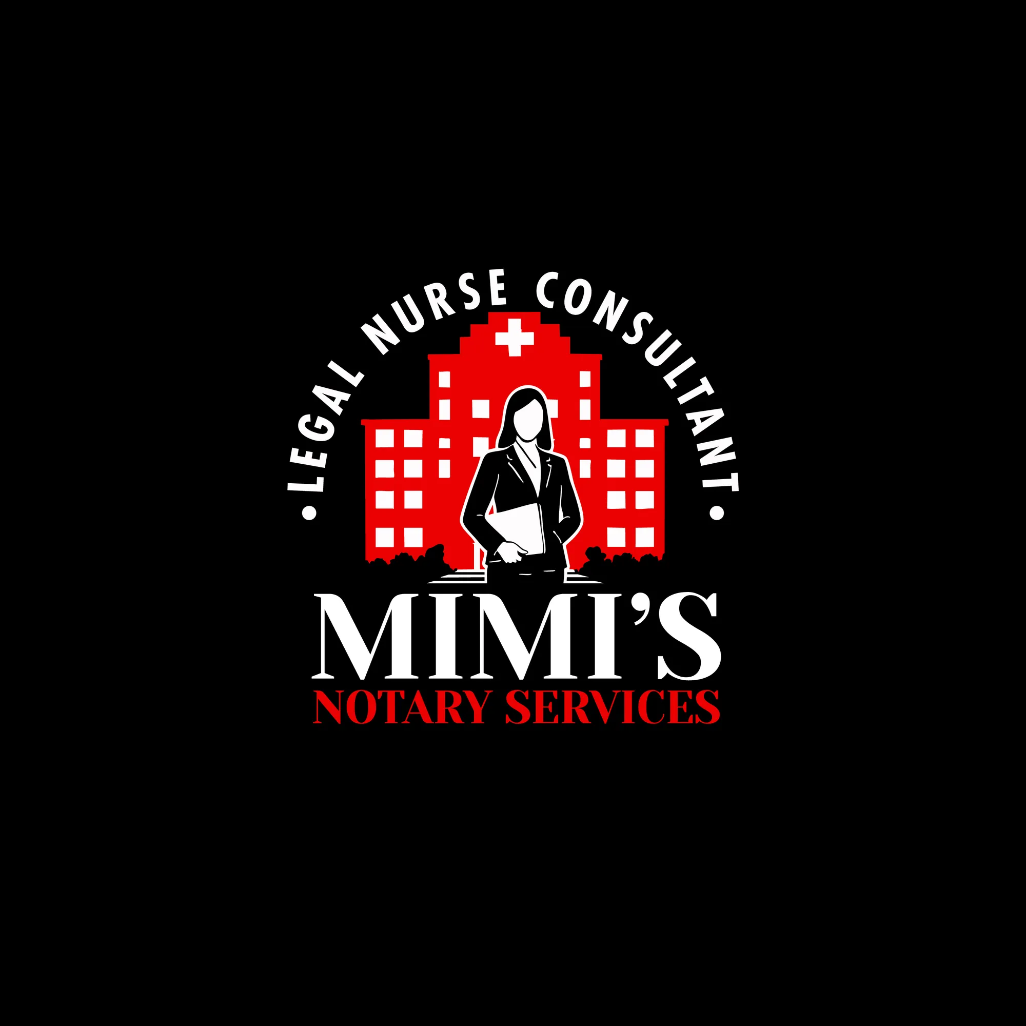 MiMi's Notary Services logo with a red hospital building, white cross, and a professional figure holding documents with text 'LEGAL NURSE CONSULTANT' around the top and 'MIMI'S NOTARY SERVICES' at the bottom, no human faces