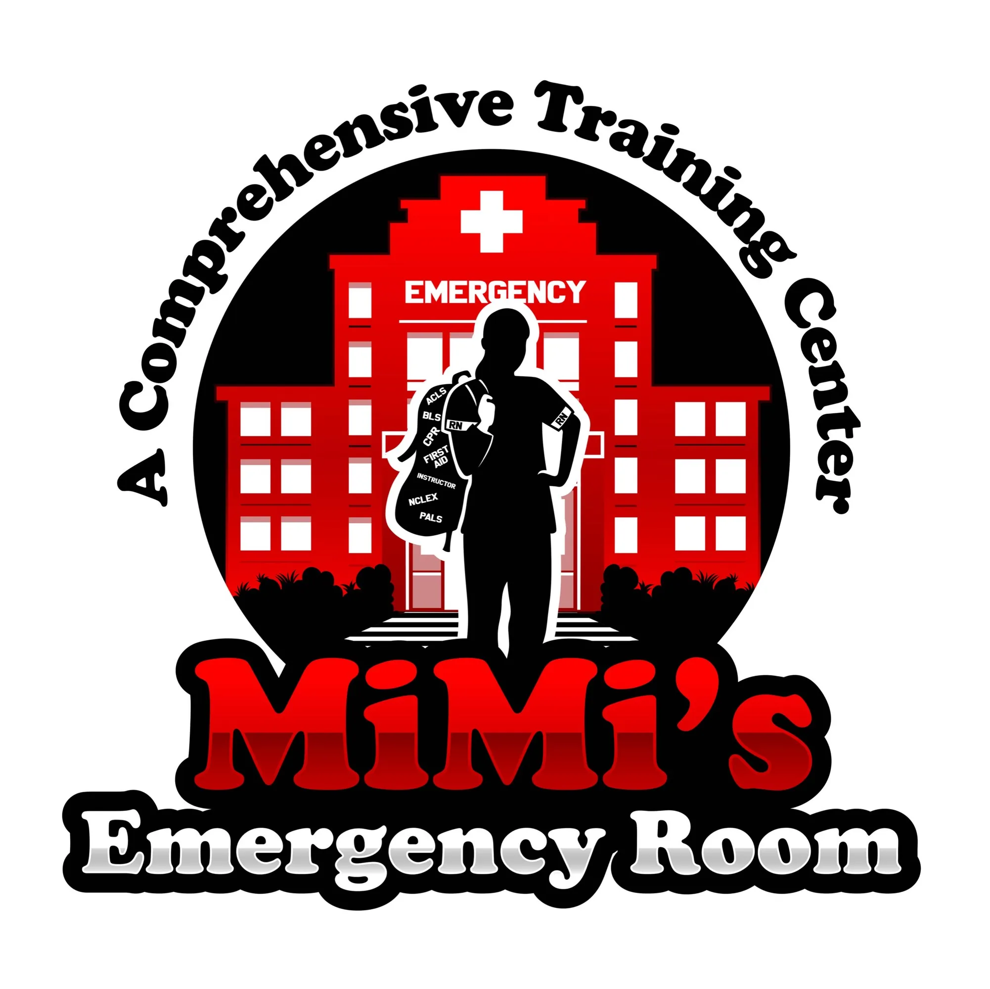 MiMi's Emergency Room logo featuring a medical facility with emergency symbol, no human shapes, bold red and white colors on black background
