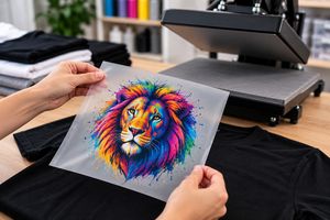 Colorful DTF lion transfer being positioned on a black T-shirt beside a heat press