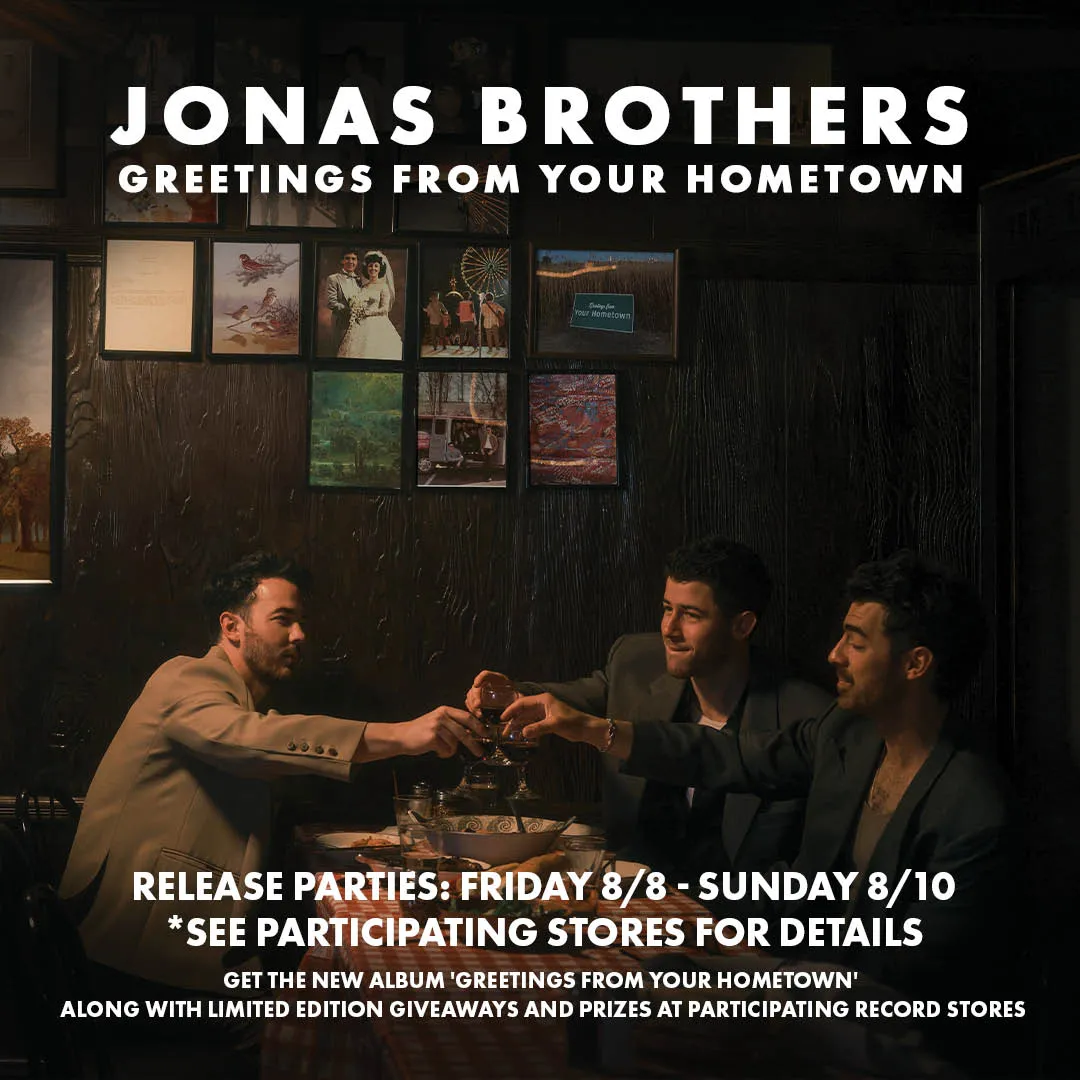 Jonas Brothers album Greetings From Your Hometown cover art featuring the band members in a retro setting with vinyl records in background. No human features should be identifiable.
