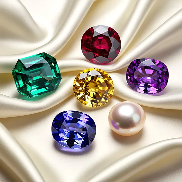 Collection of luxury gemstones including emerald, ruby, sapphire, yellow diamond, amethyst and pearl displayed on cream silk fabric with soft lighting to highlight their cuts and colors. No human shapes.