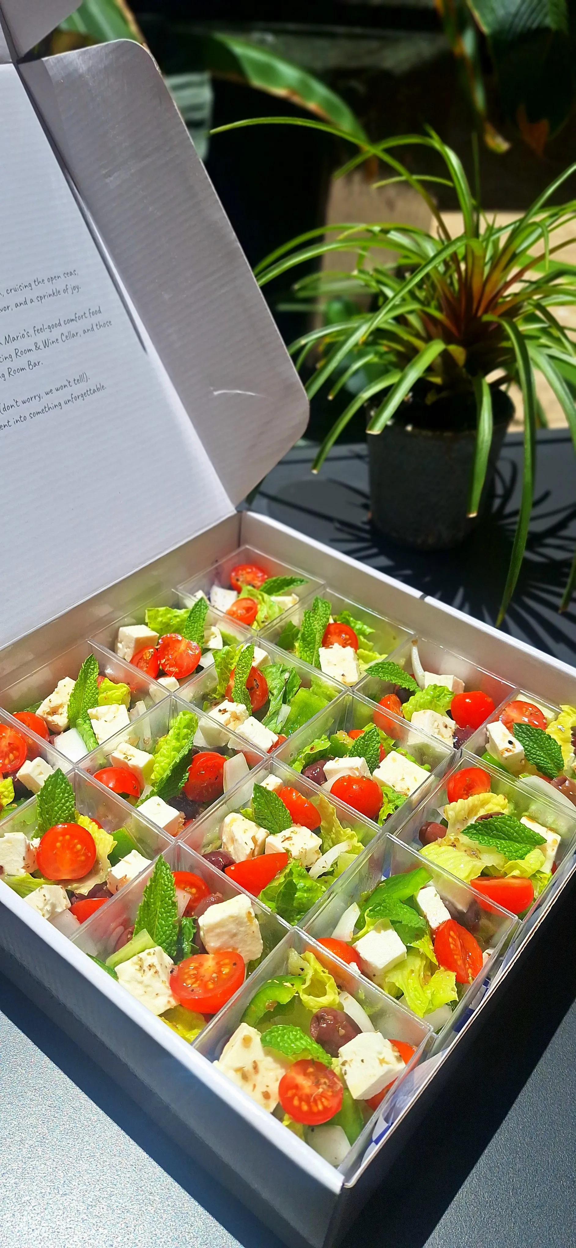 Fresh Greek salad cups presented in one of our grazing boxes