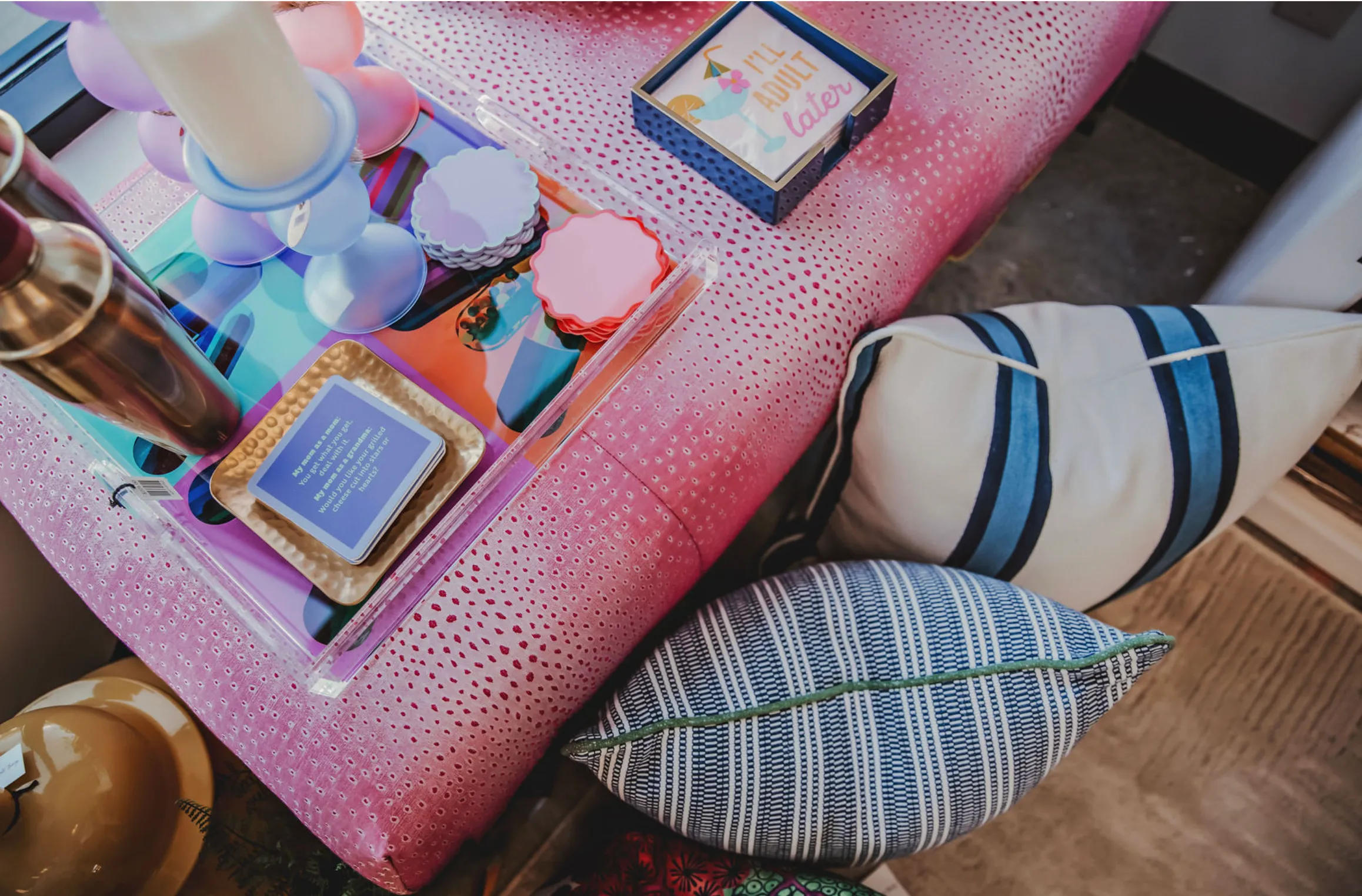 Artistic merchandise presentation with complementary color scheme, featuring only products without humans