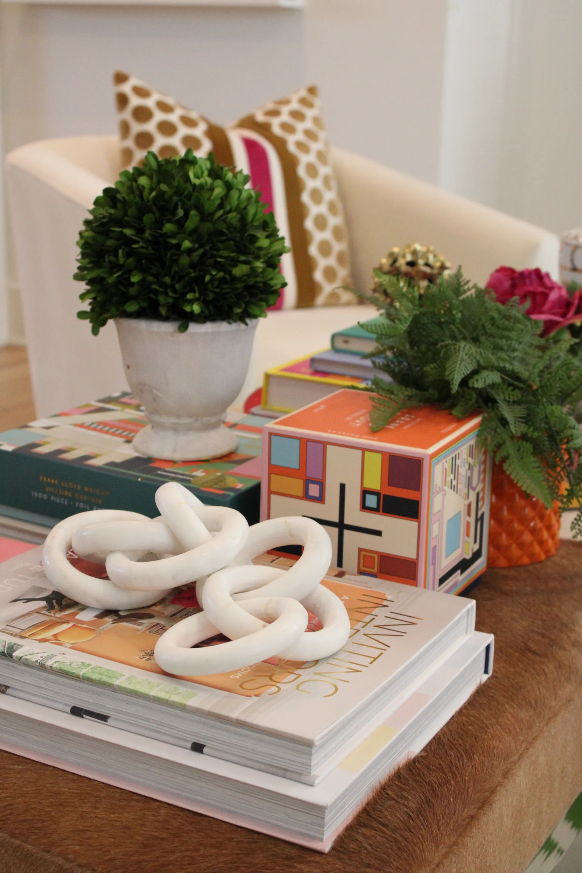Artistic merchandise presentation with complementary color scheme, featuring only products without humans