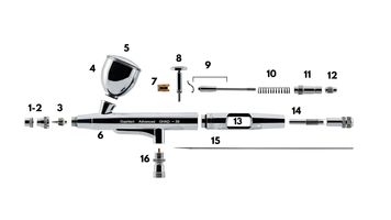 An exploded view of an airbrush for the purposes of describing its components.