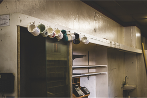Coffee mugs hanging in Martin's Hardware