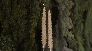 Lighted christmas tree shaped candles with greenery background
