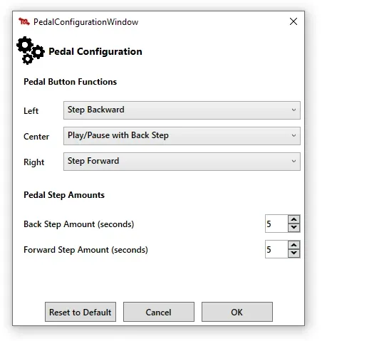 Martel Audio Transcriber foot-pedal configuration with button assignments and step amounts