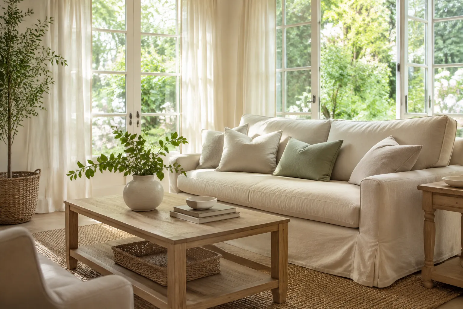 Light-filled cottage living room with natural wood and soft neutral upholstery