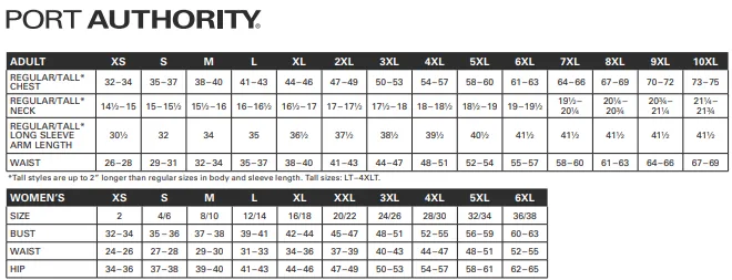 Port Authority size chart