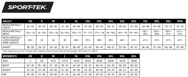Sport-Tek size chart