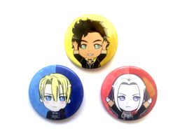 Pinback buttons of anime characters from Fire Emblem Three Houses: Dimitri (right), Claude (top), Edelgard (Right). Drawn by XioArts.