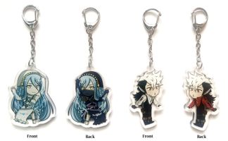 Double-boarded Acrylic Charms with mirrored designs on each side. Features anime character chibis drawn by XioArts. Fanart.