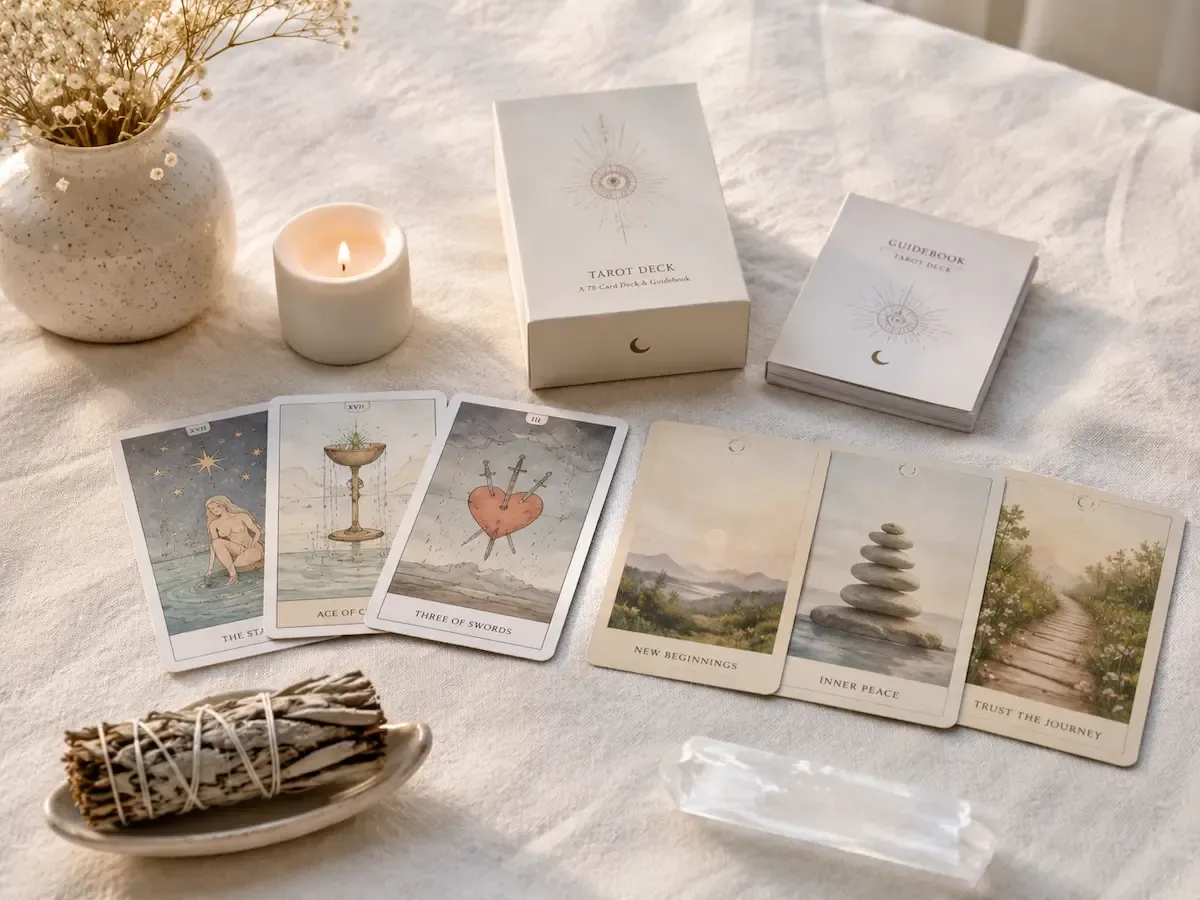Tarot et oracle ouverts avec encens, bougie blanche et pierre pour un rituel de purification simple