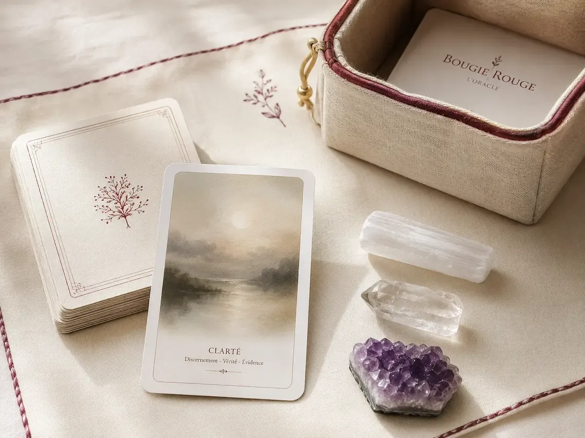 Purifier un tarot ou un oracle sans fumée avec sélénite, cristal de roche, améthyste et tapis de tirage