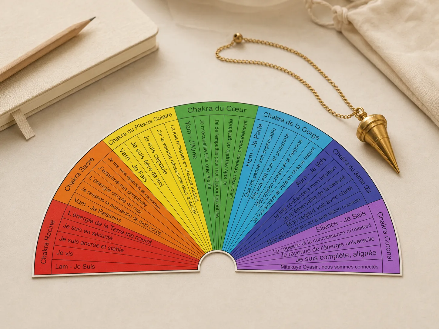 Cadran de radiesthésie et pendule posés sur une table claire