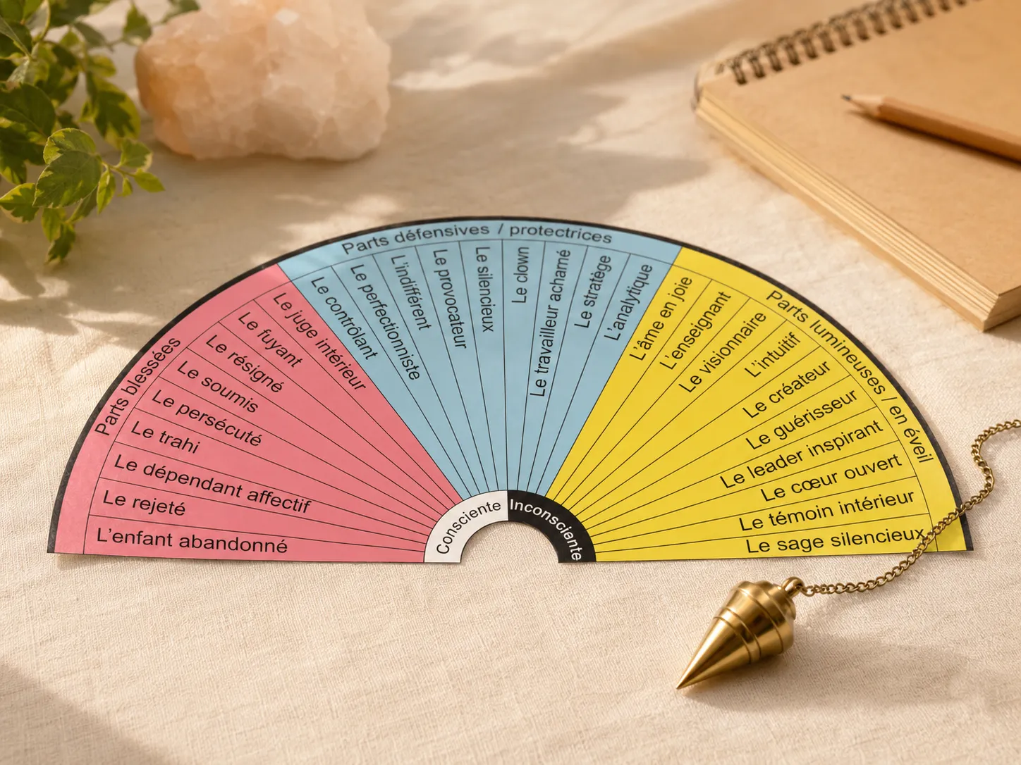 Cadran de radiesthésie, pendule et carnet pour apprendre à pratiquer