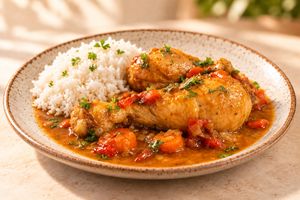 Pollo guisado con arroz blanco — imagen ilustrativa