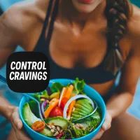 Fit woman holding colorful salad with Control Cravings text, highlighting a selection of supplements for appetite support and balance.