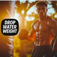 Muscular man boxing outdoors with Drop Water Weight text, highlighting a selection of supplements for definition and water loss.