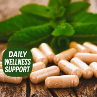 Herbal capsules on wooden table with Daily Wellness Support text, highlighting a selection of supplements for everyday health and vitality.
