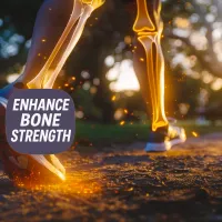 Runner’s glowing leg bones in motion with Enhance Bone Strength text, highlighting a selection of supplements for bone density and support.