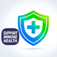 Blue and green shield with medical cross and Support Immune Health text, highlighting a selection of supplements for immunity support.