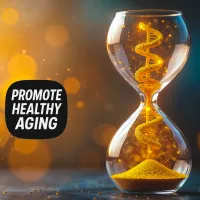Golden DNA spiral flowing through hourglass with Promote Healthy Aging text, highlighting a selection of supplements for longevity and vitality.